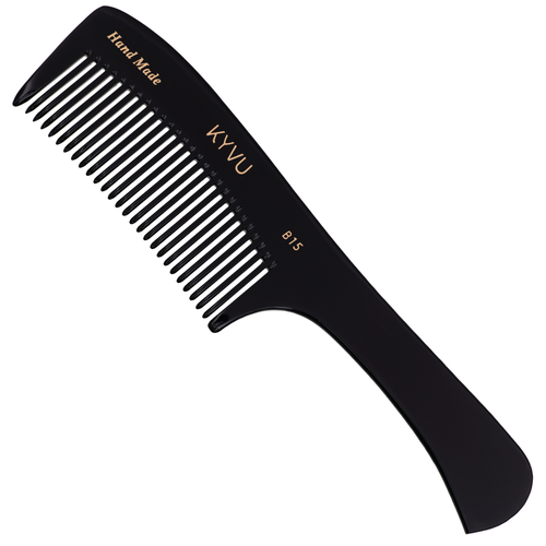 KYVU B15 full-size black cellulose acetate handled detangling comb 21.8 cm on white background