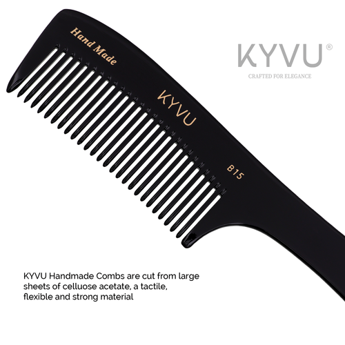 Close-up of KYVU B15 wide tooth cellulose acetate comb showing hand-polished coarse teeth and black finish