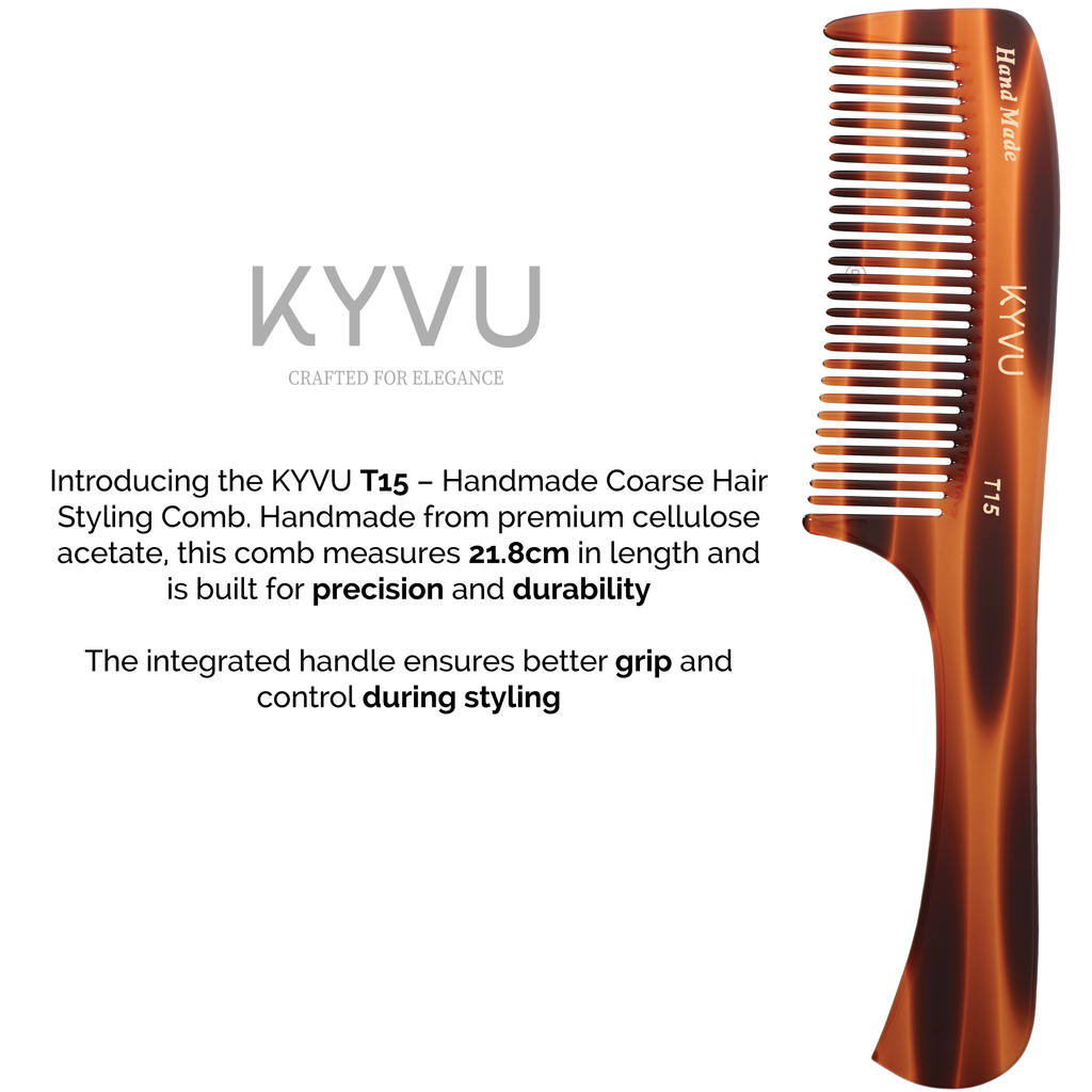 KYVU T15 handmade cellulose acetate comb with ergonomic handle showing 21.8 cm full size styling comb for thick curly hair