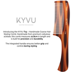 KYVU T15 handmade cellulose acetate comb with ergonomic handle showing 21.8 cm full size styling comb for thick curly hair