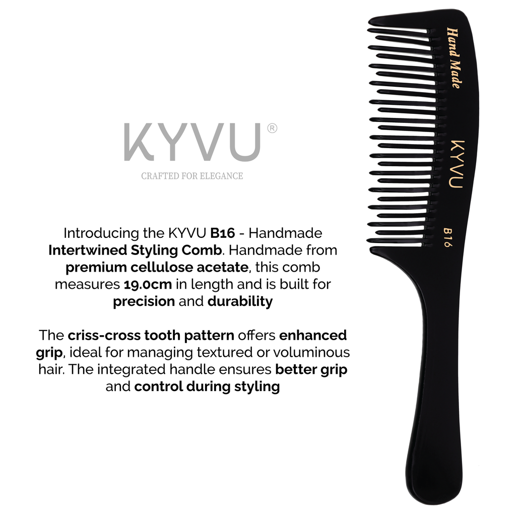 B16 black acetate comb showing alternating criss-cross tooth pattern with rounded tips