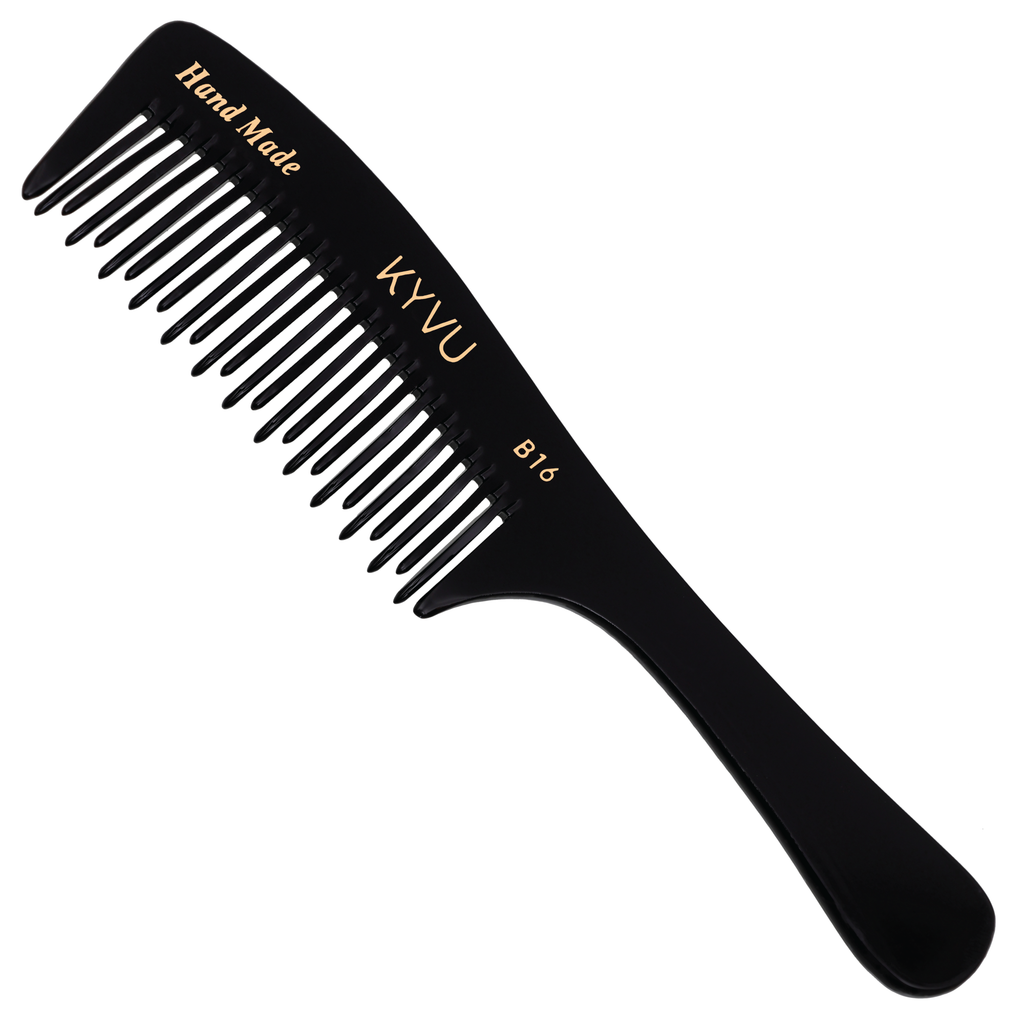 KYVU B16 handmade black detangling comb with handle in cellulose acetate, alternating teeth, for curly and tangled hair