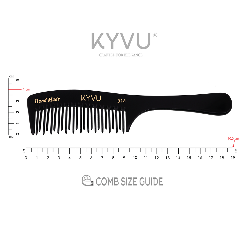  KYVU B16 detangling comb size guide — 19 cm length, 4 cm width, 0.375 cm thickness