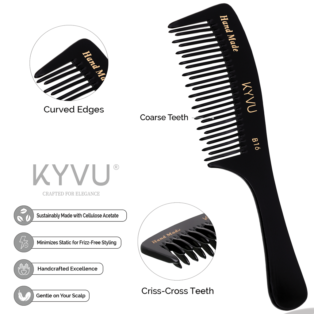  KYVU B16 black detangling comb with handle specifications — 19 cm, 19 g, cellulose acetate, alternating teeth