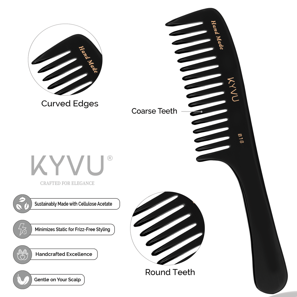 B18 black acetate comb showing 14 extra-wide-spaced teeth with hand-rounded tips