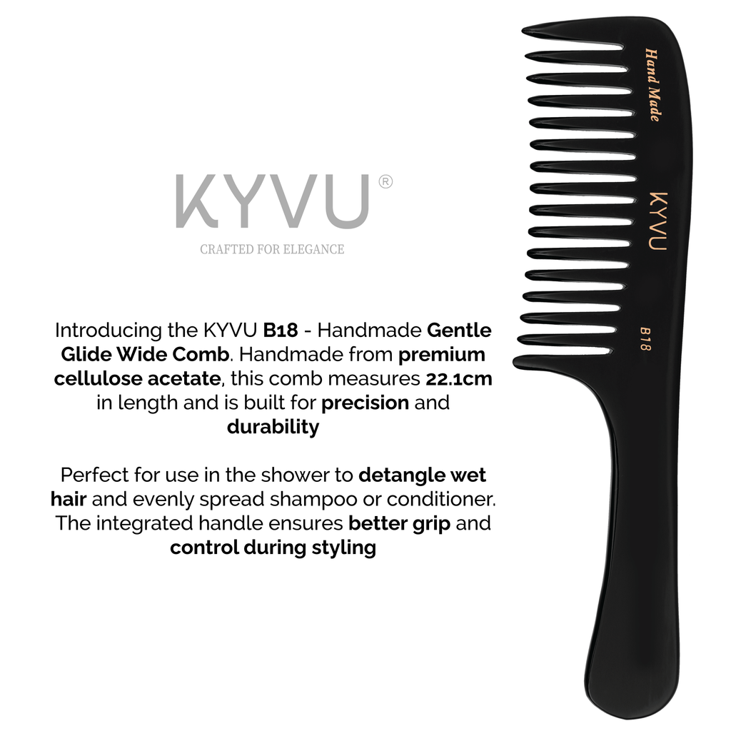  KYVU B18 extra wide-tooth comb size guide — 22.1 cm length, 4.5 cm width, 0.45 cm thickness