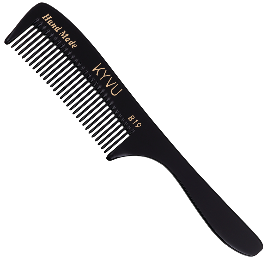KYVU B19 handmade black rake comb with handle in cellulose acetate, for thick, wavy and curly hair