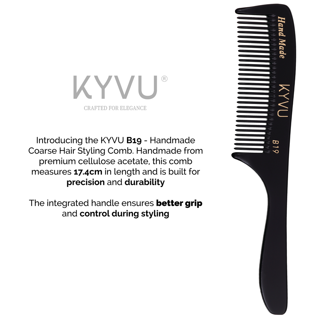 KYVU B19 rake comb size guide — 17.4 cm length, 2.6 cm width, 0.375 cm thickness