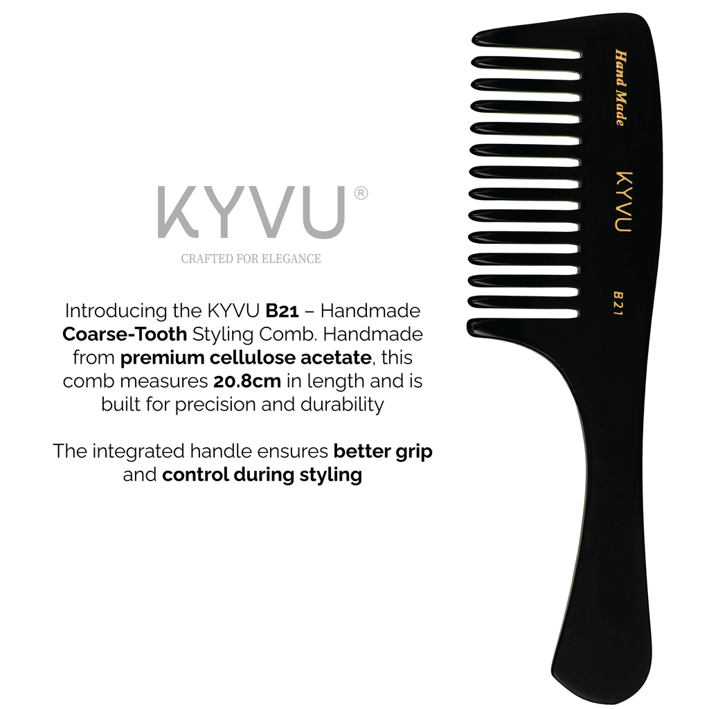 KYVU B21 black rake comb with handle specifications — 20.8 cm, 31 g, cellulose acetate, 12 wide-spaced coarse teeth