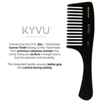 KYVU B21 black rake comb with handle specifications — 20.8 cm, 31 g, cellulose acetate, 12 wide-spaced coarse teeth