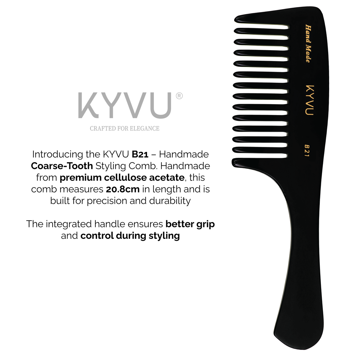 KYVU B21 black rake comb with handle specifications — 20.8 cm, 31 g, cellulose acetate, 12 wide-spaced coarse teeth