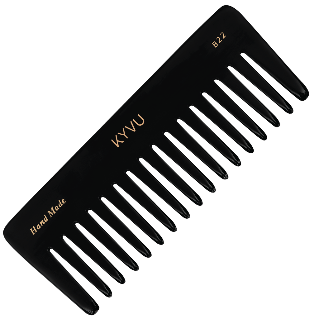 KYVU B22 handmade black wide-tooth detangling comb in cellulose acetate, broad body, for curly and thick hair