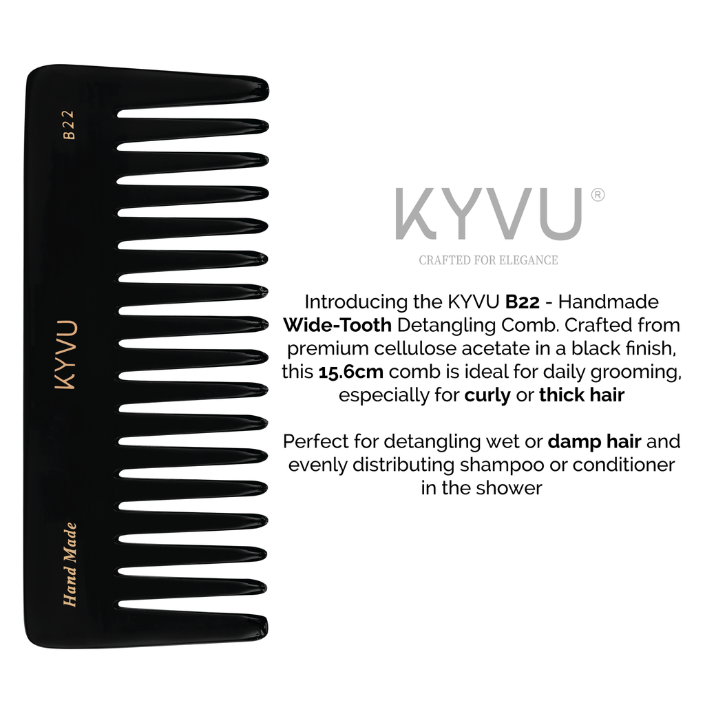 KYVU B22 wide-tooth comb size guide — 15.6 cm length, 6 cm width, 0.45 cm thickness