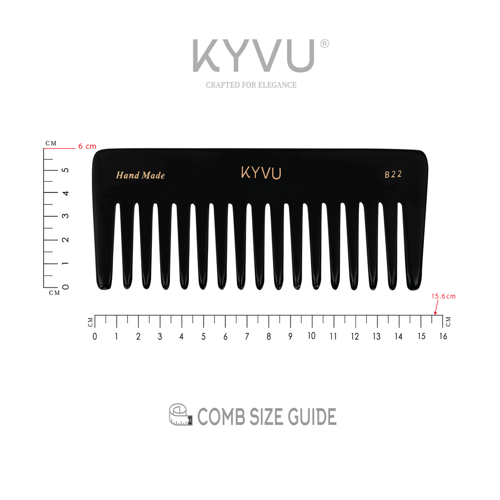 KYVU B22 black wide-tooth detangling comb specifications — 15.6 cm, 38 g, cellulose acetate, wide teeth