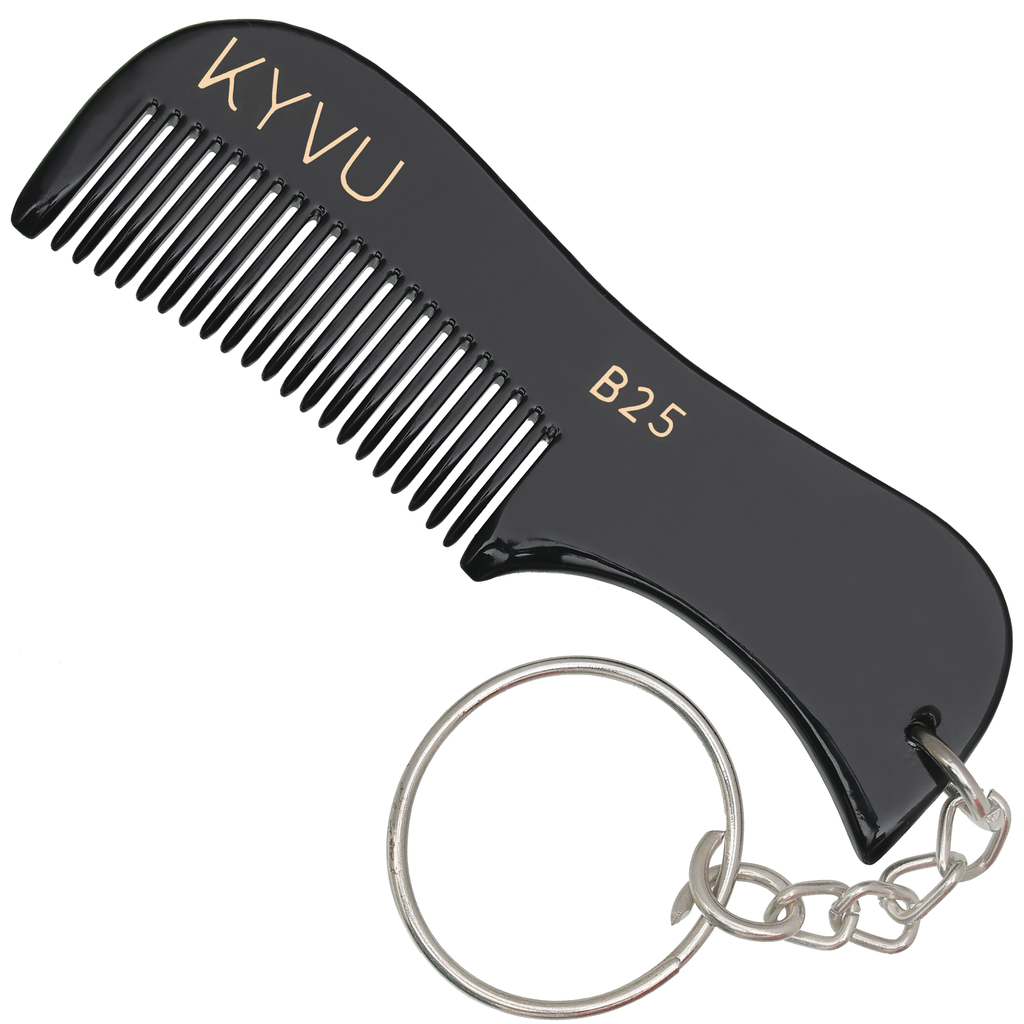 KYVU B25 handmade black beard and moustache comb with keyring in cellulose acetate, fine-tooth, for men