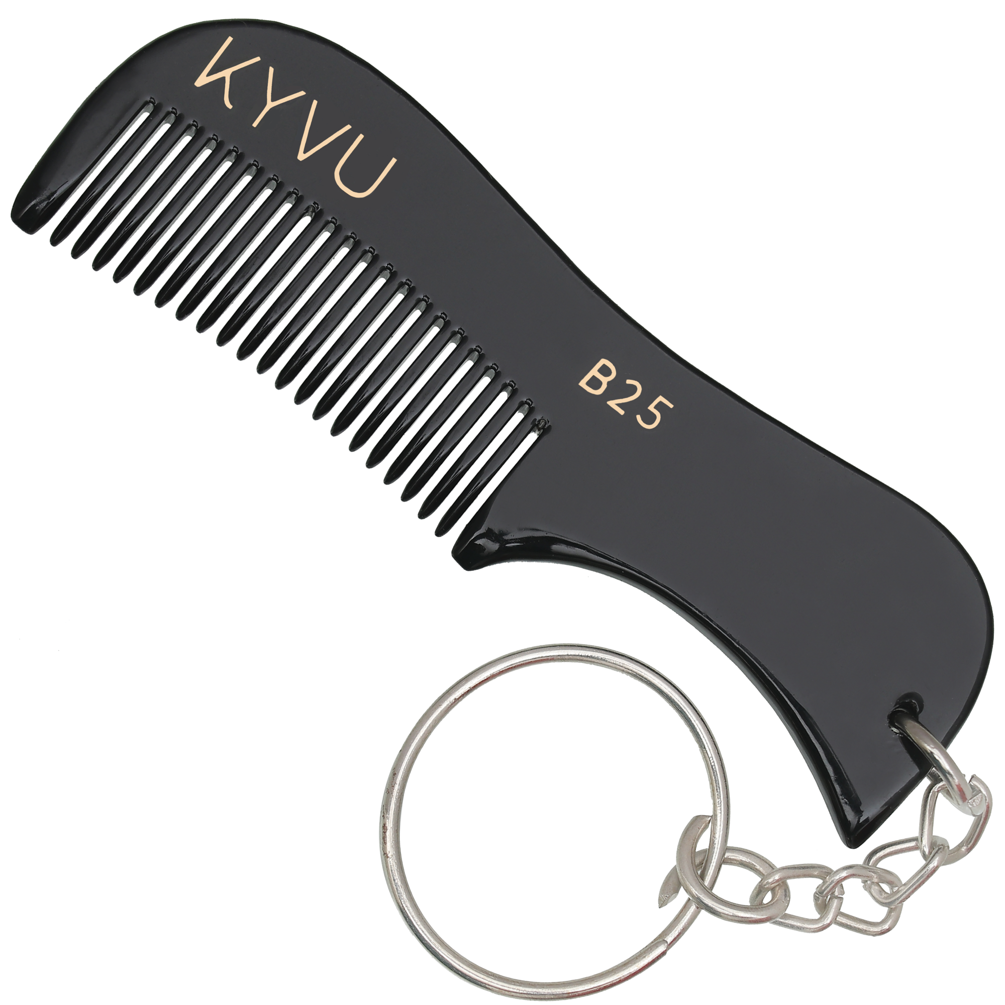KYVU B25 handmade black beard and moustache comb with keyring in cellulose acetate, fine-tooth, for men