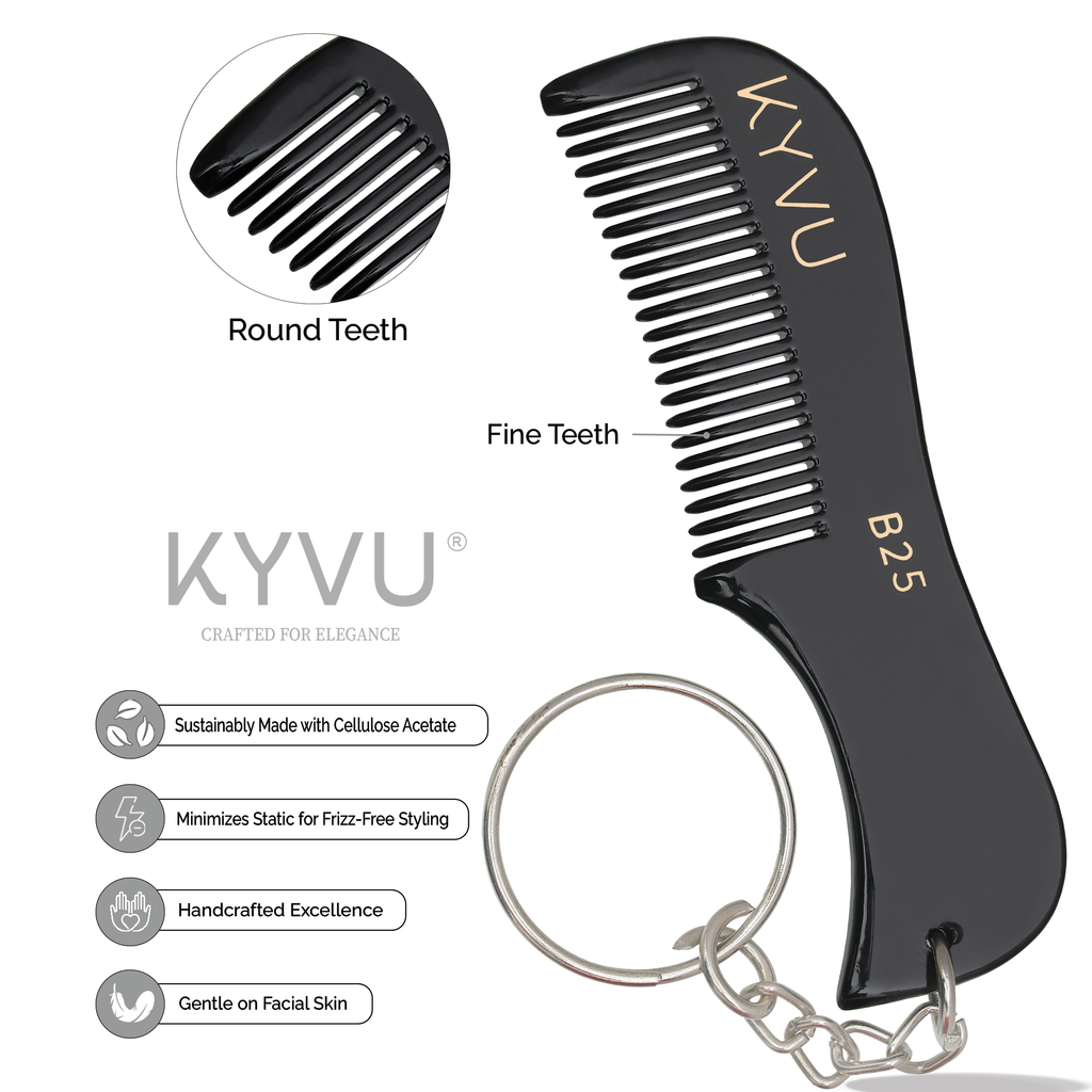 B25 black acetate beard comb showing integrated keyring and fine hand-rounded teeth