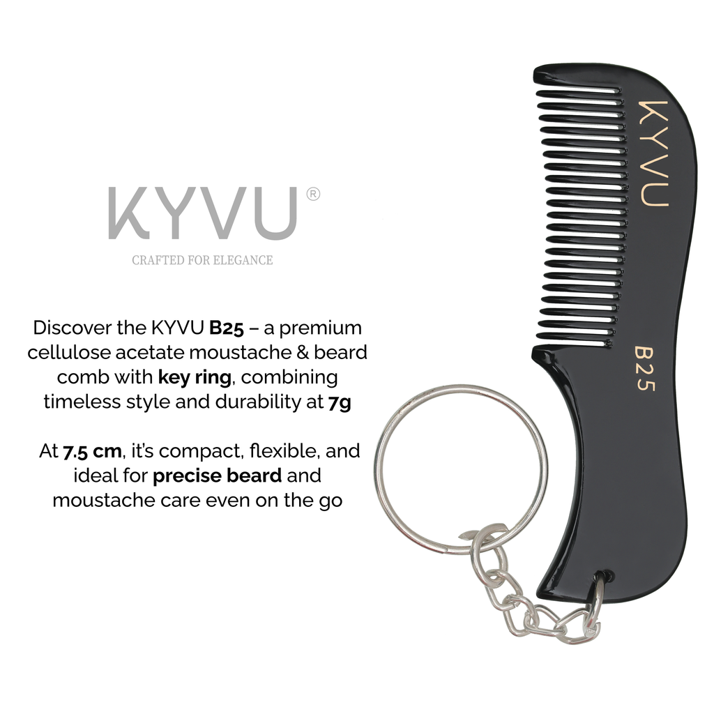 KYVU B25 black beard comb size guide — 7.5 cm length, 2.3 cm width, 0.325 cm thickness