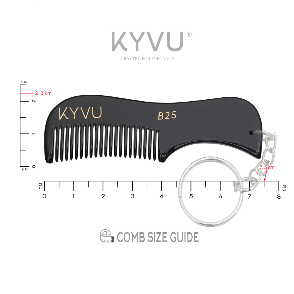KYVU B25 black beard comb with keyring specifications — 7.5 cm, 7 g, cellulose acetate, fine teeth