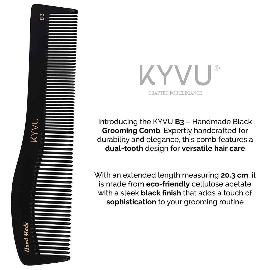  KYVU B3 dual-tooth comb size guide — 20.3 cm length, 4.4 cm width, 0.375 cm thickness