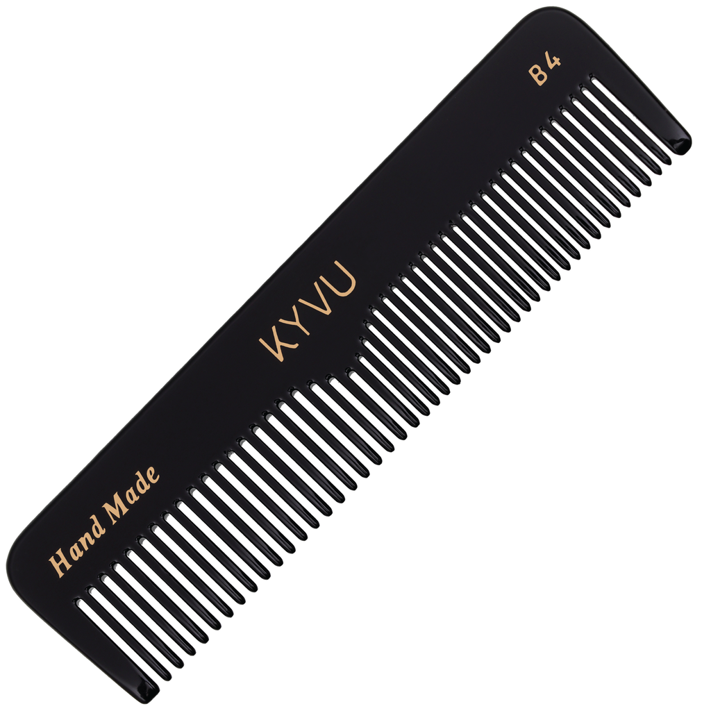 KYVU B4 handmade black pocket comb in cellulose acetate, dual-tooth, for men and women, hair and beard