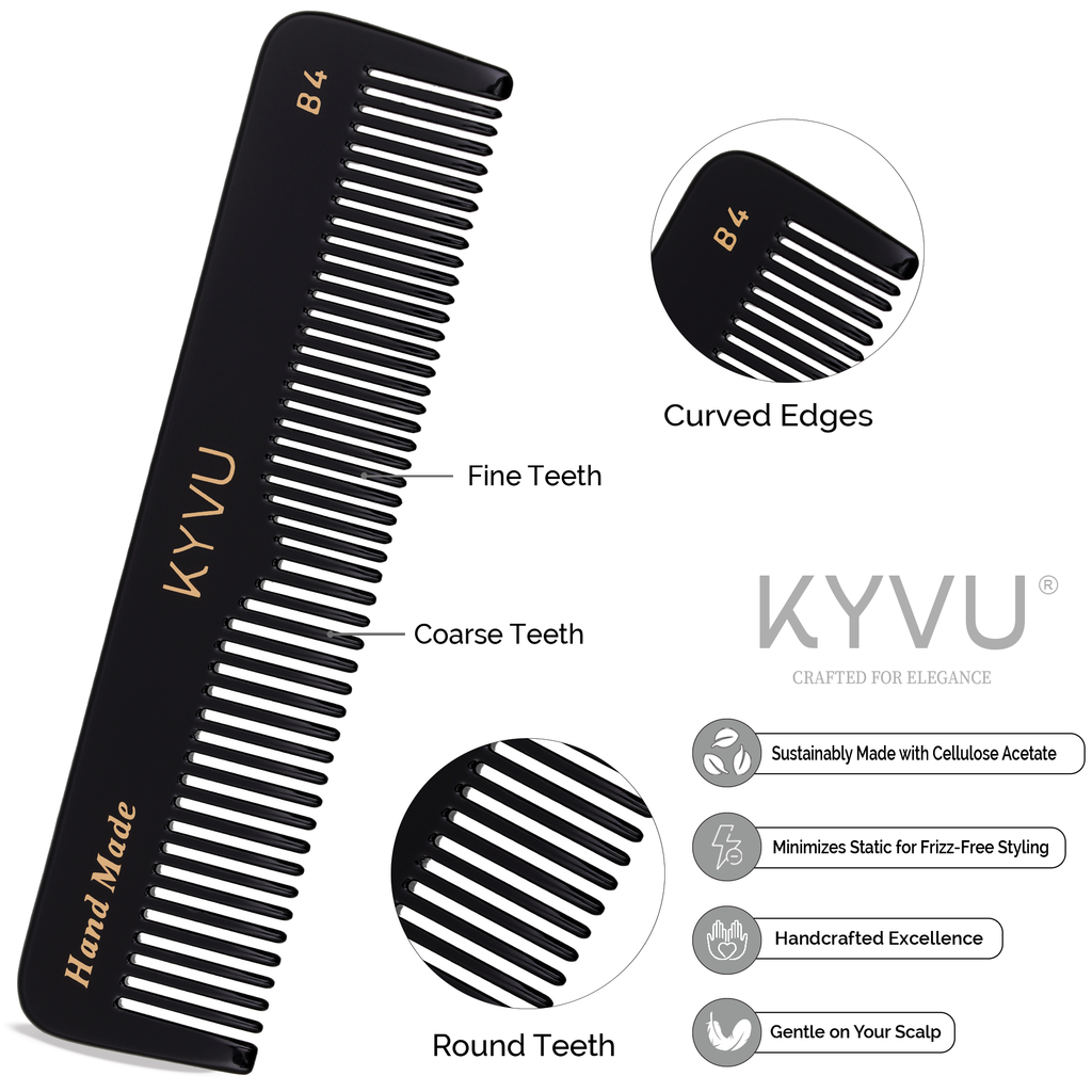 B4 black acetate comb teeth detail — coarse wider-spaced teeth on one half, fine closely-spaced teeth on the other