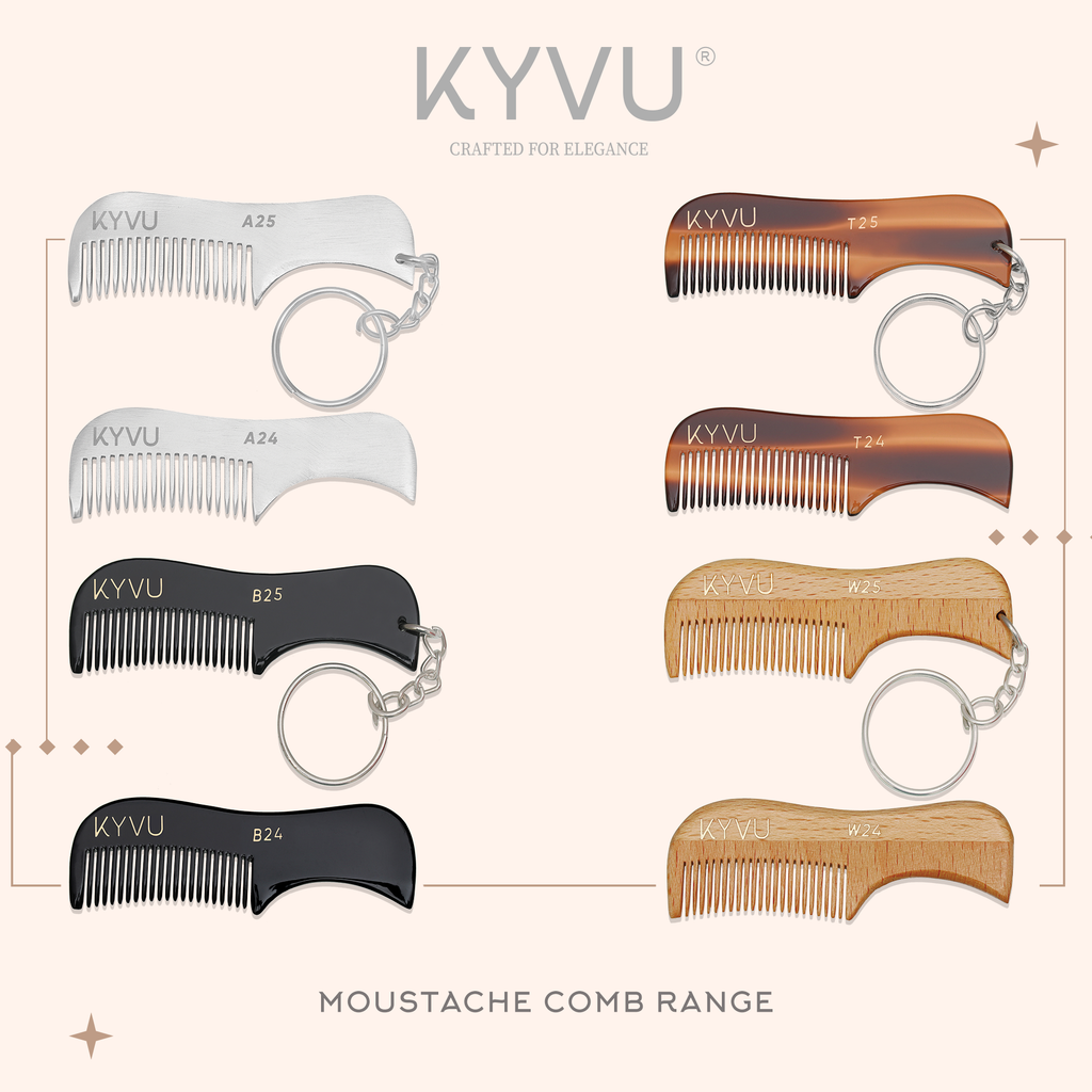 KYVU handmade beard and moustache combs — beechwood, aluminium, tortoiseshell and black acetate, with and without keyring