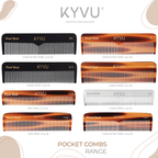 KYVU handmade pocket combs range — tortoiseshell and black cellulose acetate and aluminium, in fine, coarse and dual tooth styles, 10.9 to 12.9 cm