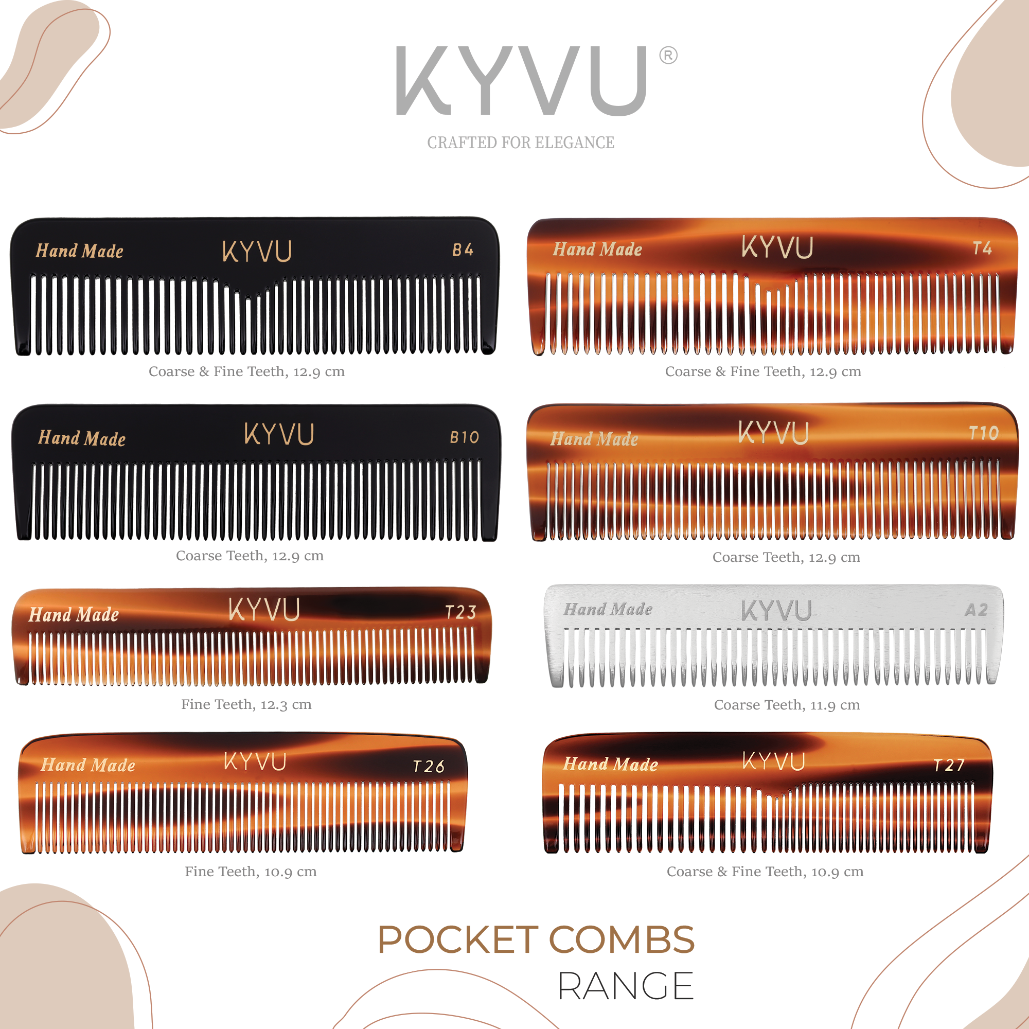 KYVU handmade pocket combs range — tortoiseshell and black cellulose acetate and aluminium, in fine, coarse and dual tooth styles, 10.9 to 12.9 cm
