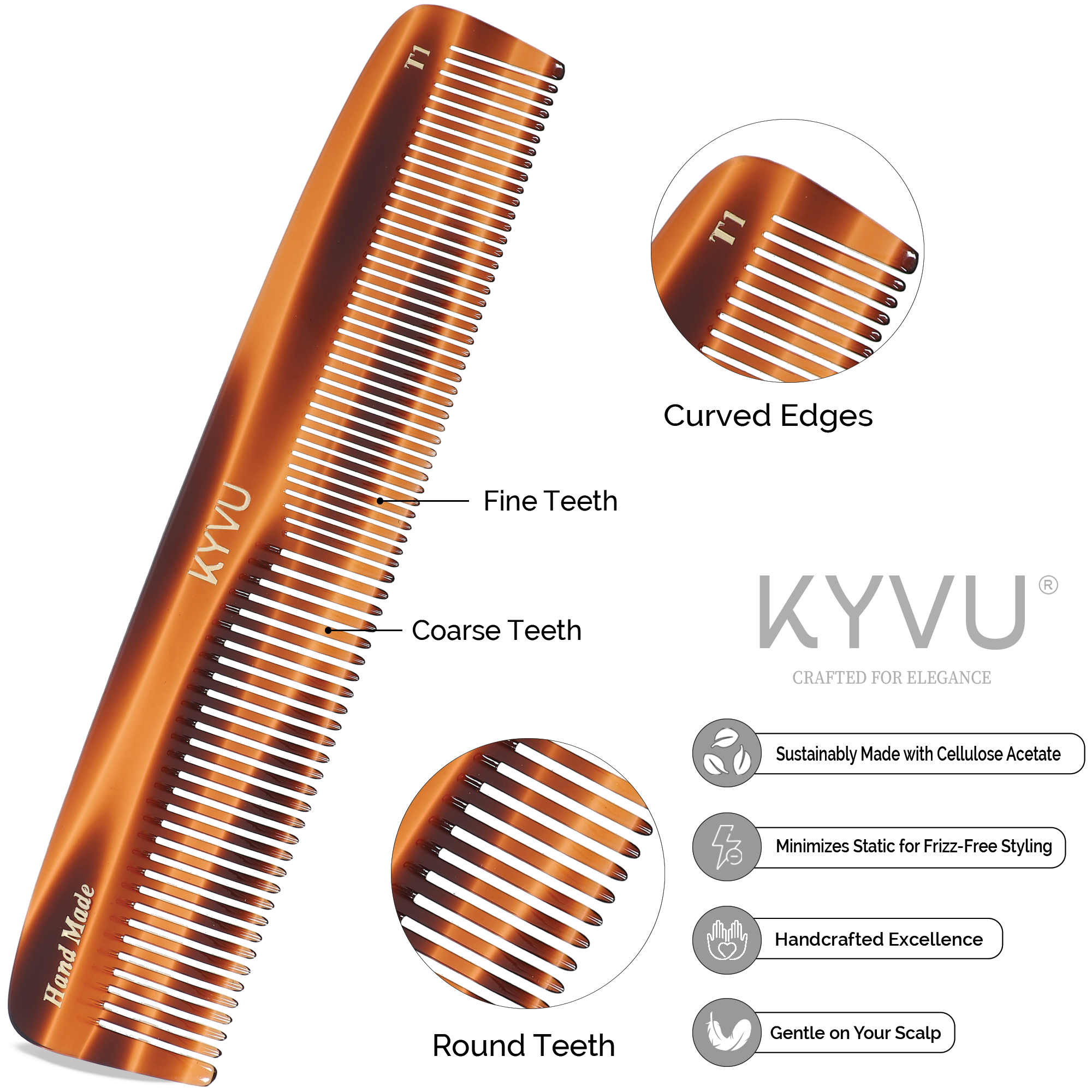 T1 tortoiseshell acetate comb showing fine teeth on one side and coarse teeth on the other, with rounded tips