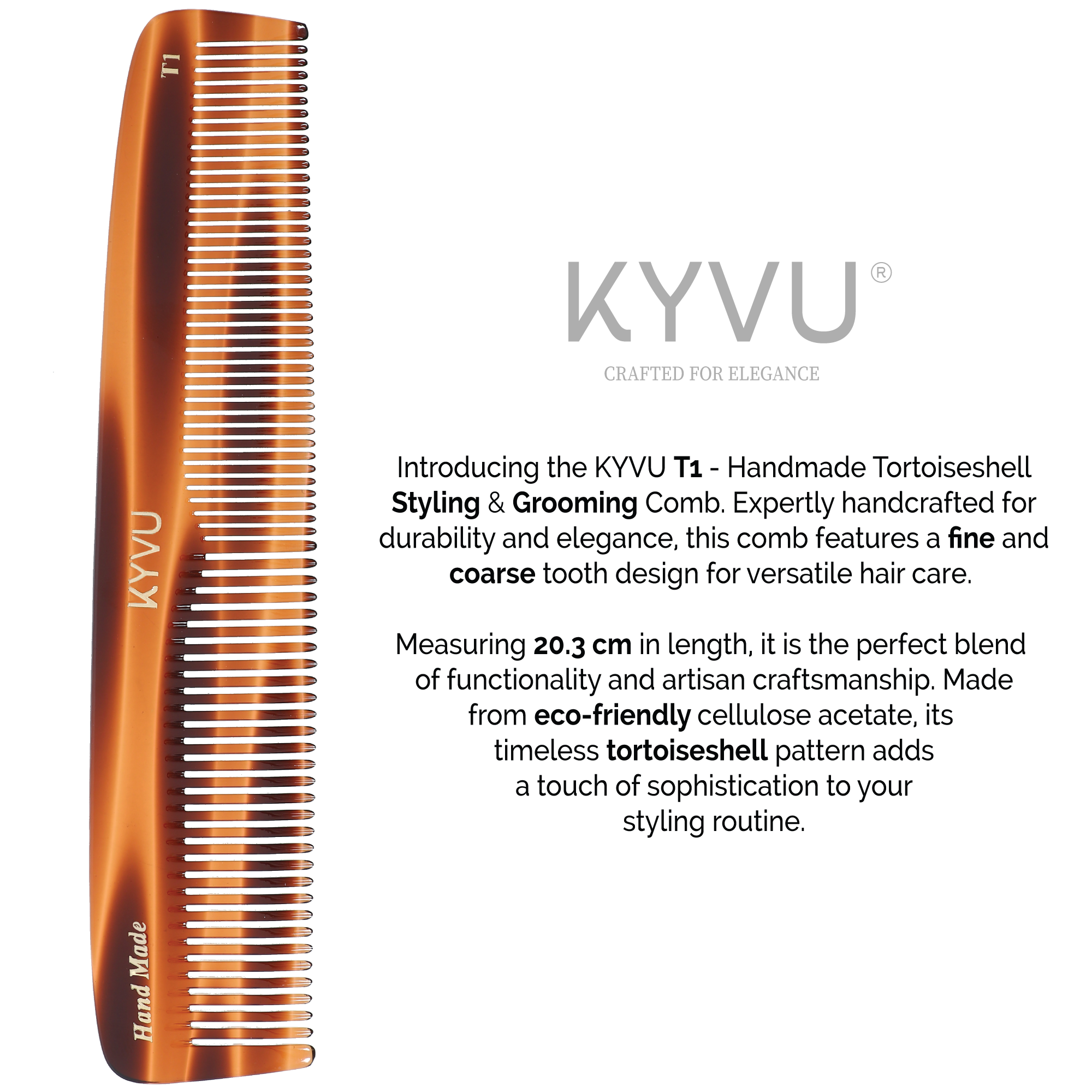 KYVU T1 dual-tooth comb size guide — 20.3 cm length, 4 cm width, 0.375 cm thickness
