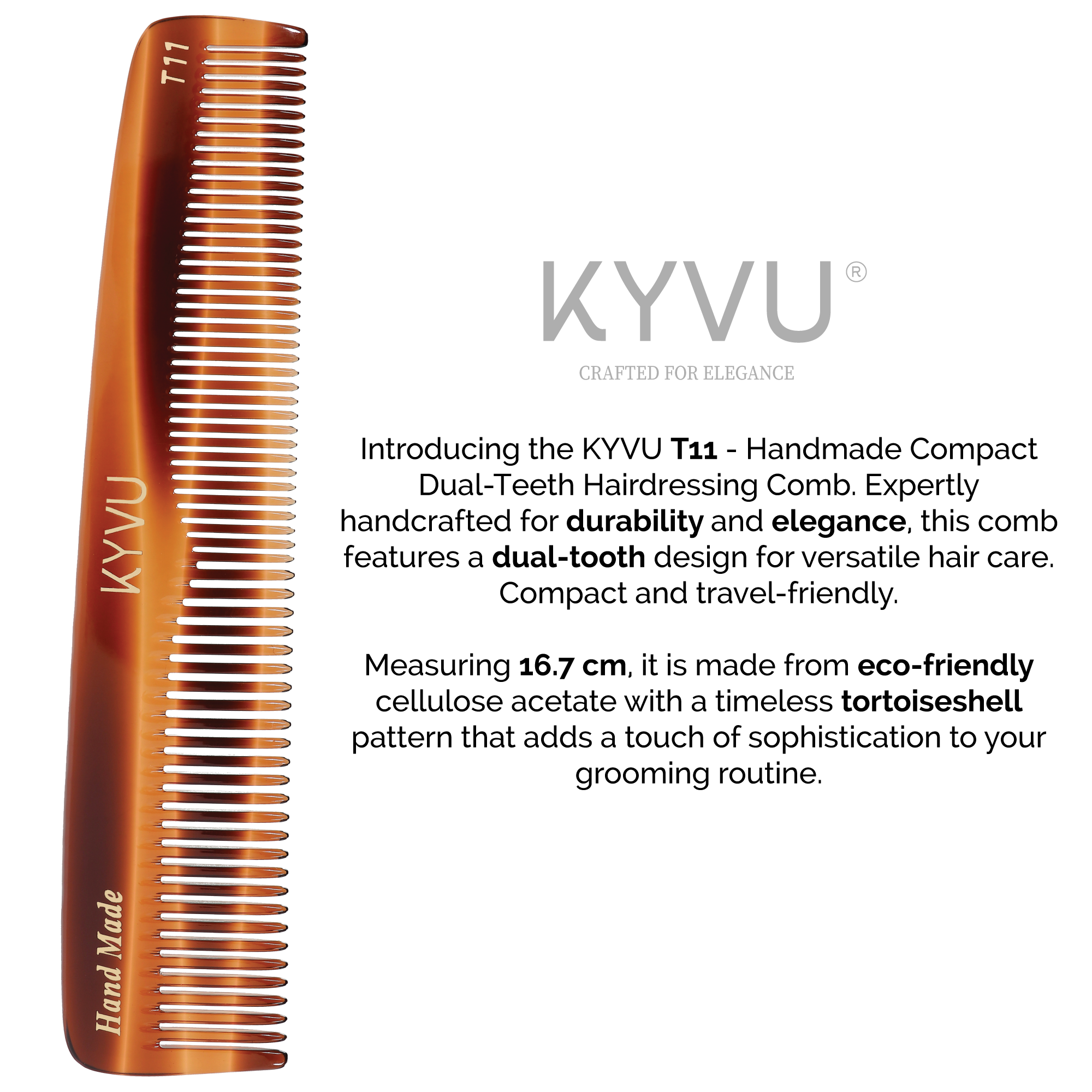  KYVU T11 dual-tooth comb size guide — 16.7 cm length, 2.9 cm width, 0.325 cm thickness