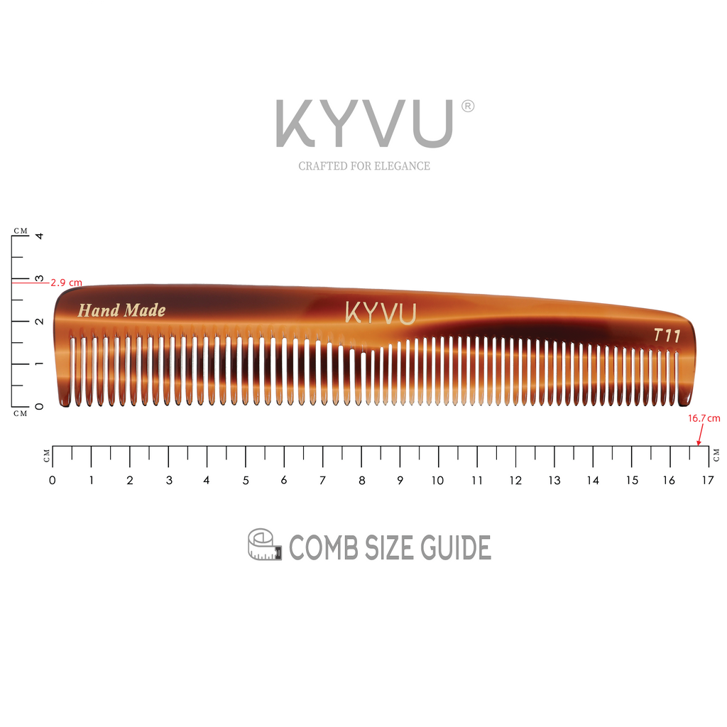  KYVU T11 slim tortoiseshell dual-tooth comb specifications — 16.7 cm, 12 g, cellulose acetate, fine and coarse teeth