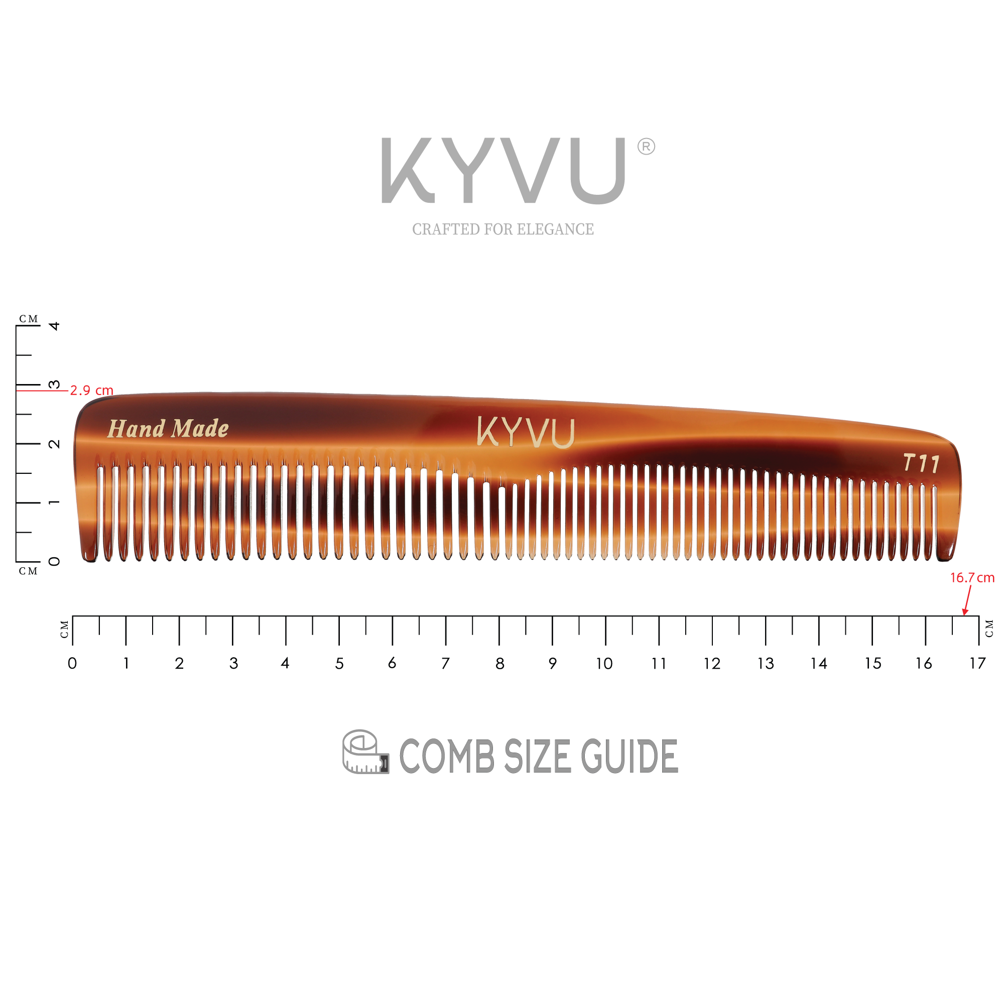  KYVU T11 slim tortoiseshell dual-tooth comb specifications — 16.7 cm, 12 g, cellulose acetate, fine and coarse teeth