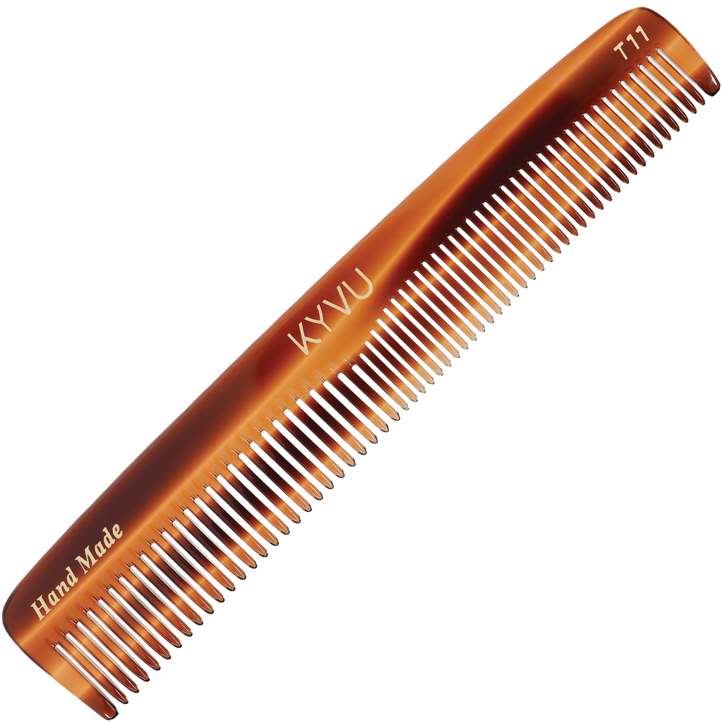 KYVU T11 handmade slim tortoiseshell dual-tooth comb in cellulose acetate, fine and coarse, compact, for men and women