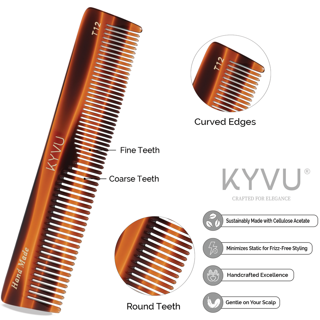 T12 tortoiseshell acetate comb showing fine teeth on one side and coarse teeth on the other, with rounded tips