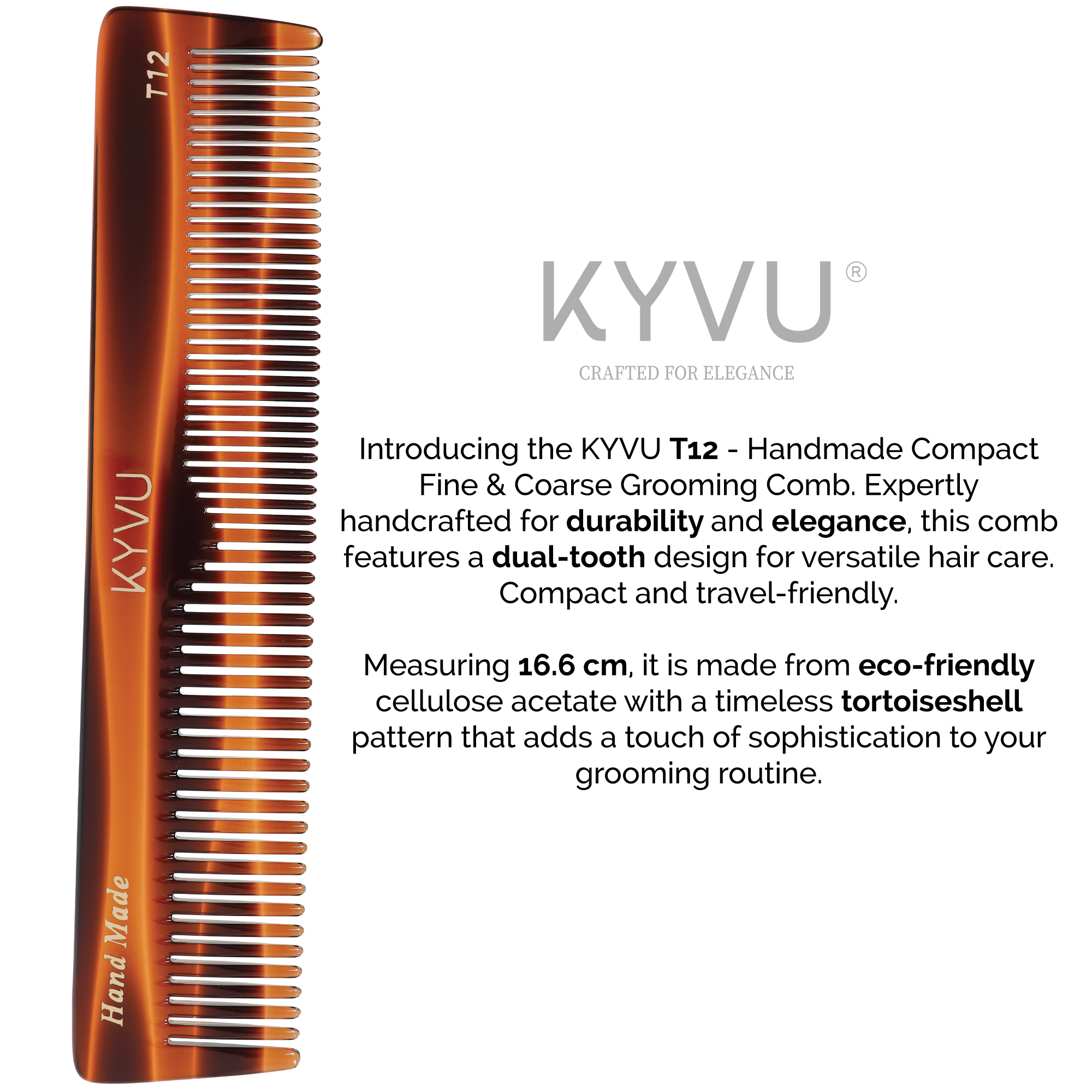KYVU T12 dual-tooth comb size guide — 16.6 cm length, 3.3 cm width, 0.375 cm thickness