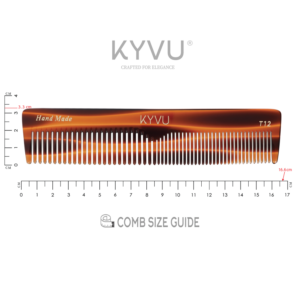 KYVU T12 compact tortoiseshell dual-tooth comb specifications — 16.6 cm, 18 g, cellulose acetate, fine and coarse teeth