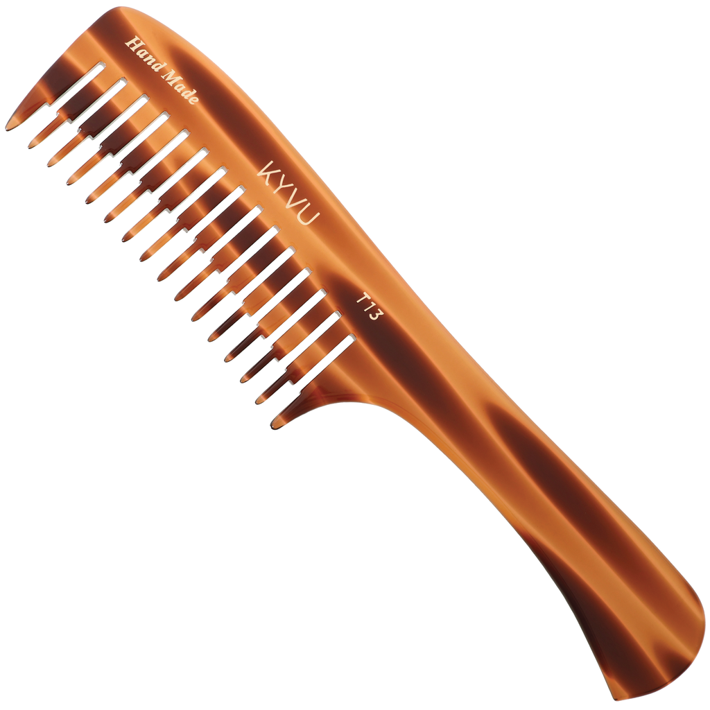KYVU T13 handmade step-tapered comb with handle, extra wide tooth spacing for very thick coarse curly hair, cellulose acetate tortoiseshell finish 21.8cm