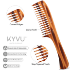 KYVU T13 step-tapered comb features — extra wide tooth spacing, curved C-shaped spine, step-tapered tooth geometry, ergonomic handle for thick hair control