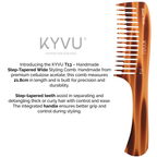KYVU T13 handmade step-tapered wide styling comb 21.8cm — step-tapered teeth for detangling thick curly hair, integrated handle for grip and control, cellulose acetate tortoiseshell