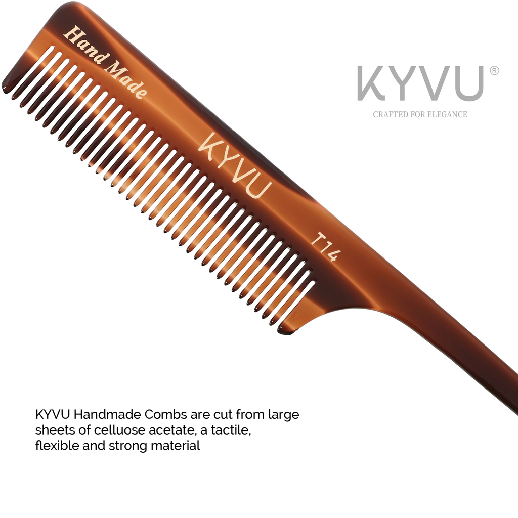 T14 tortoiseshell acetate comb showing closely-spaced fine teeth and tapered pintail with rounded tips