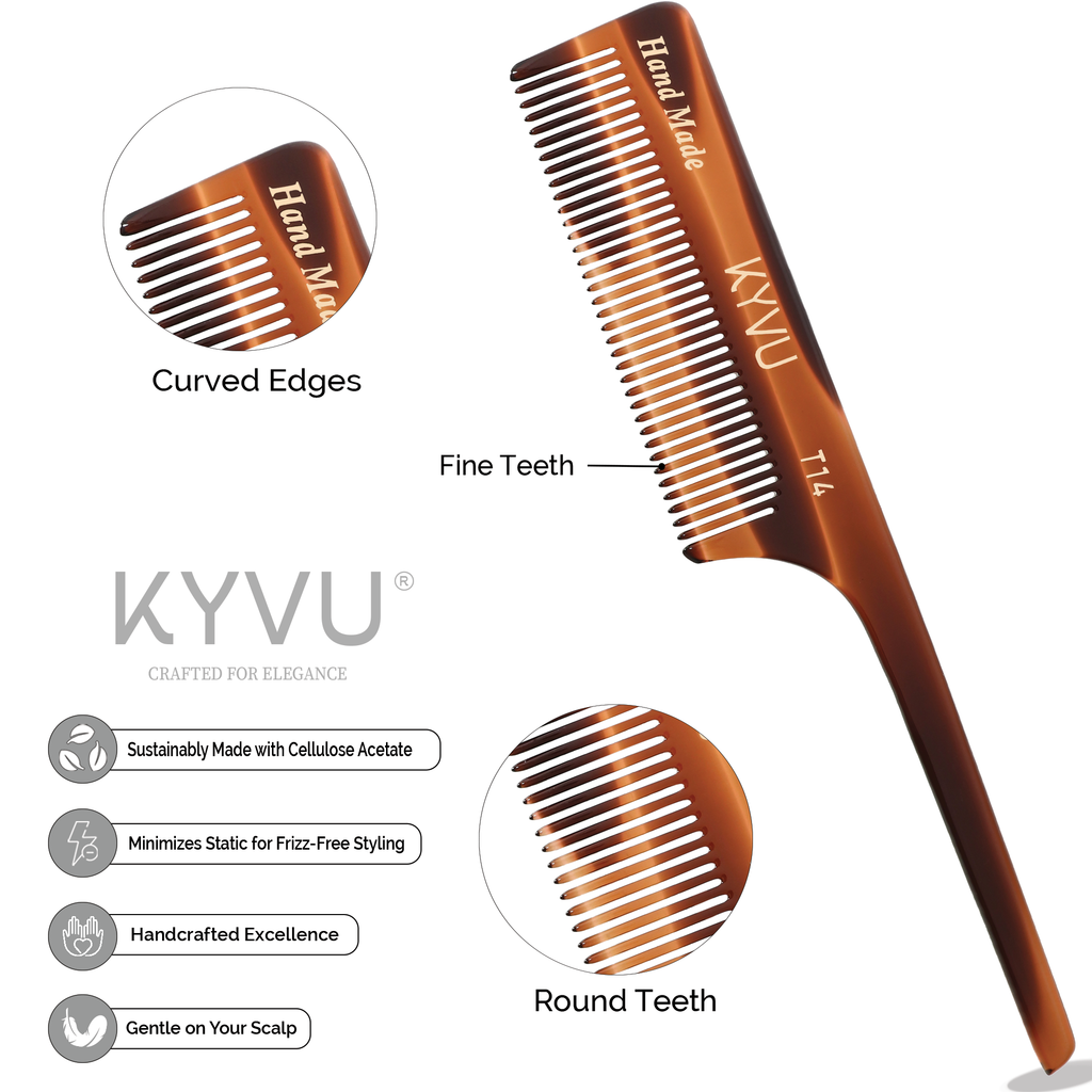 T14 tortoiseshell acetate comb showing closely-spaced fine teeth and tapered pintail with rounded tips