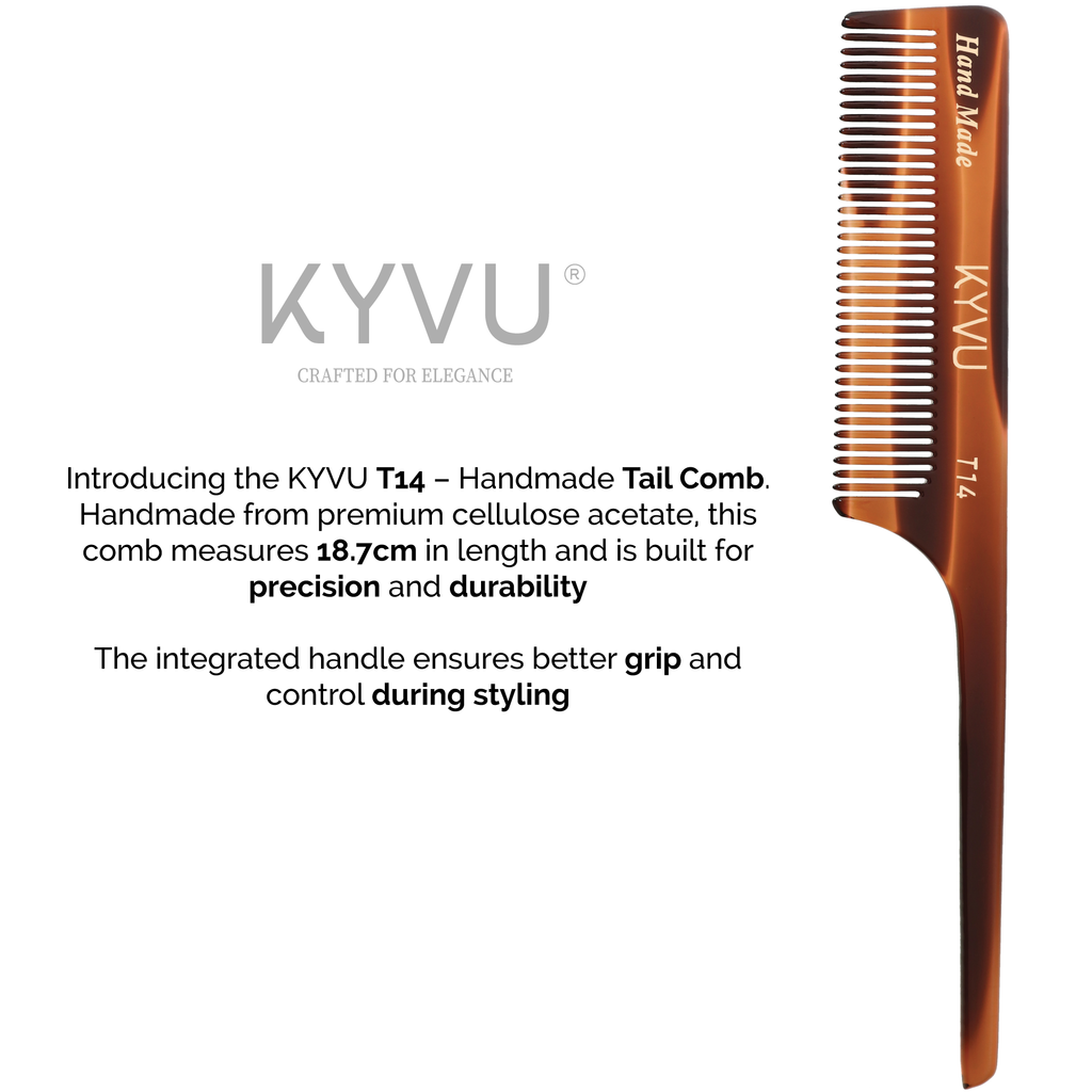  KYVU T14 rat-tail comb size guide — 18.7 cm length, 2.5 cm width, 0.375 cm thickness
