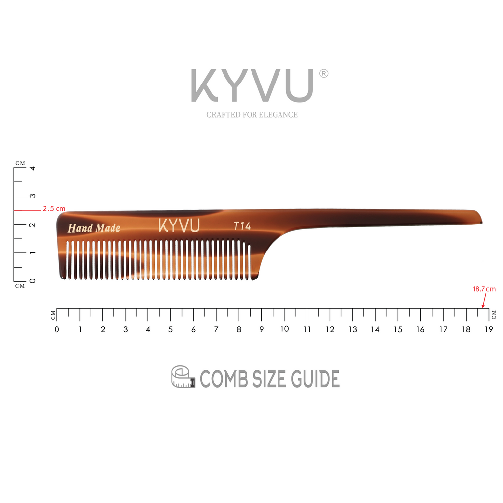  KYVU T14 tortoiseshell rat-tail comb specifications — 18.7 cm, 11 g, cellulose acetate, fine teeth