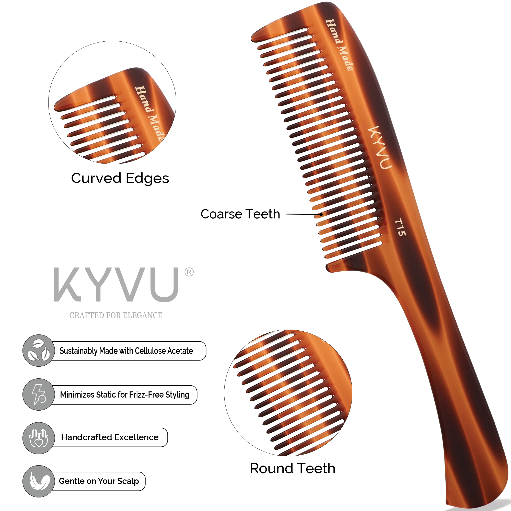 KYVU T15 handmade cellulose acetate handled comb showing curved edges, coarse teeth and round teeth detail