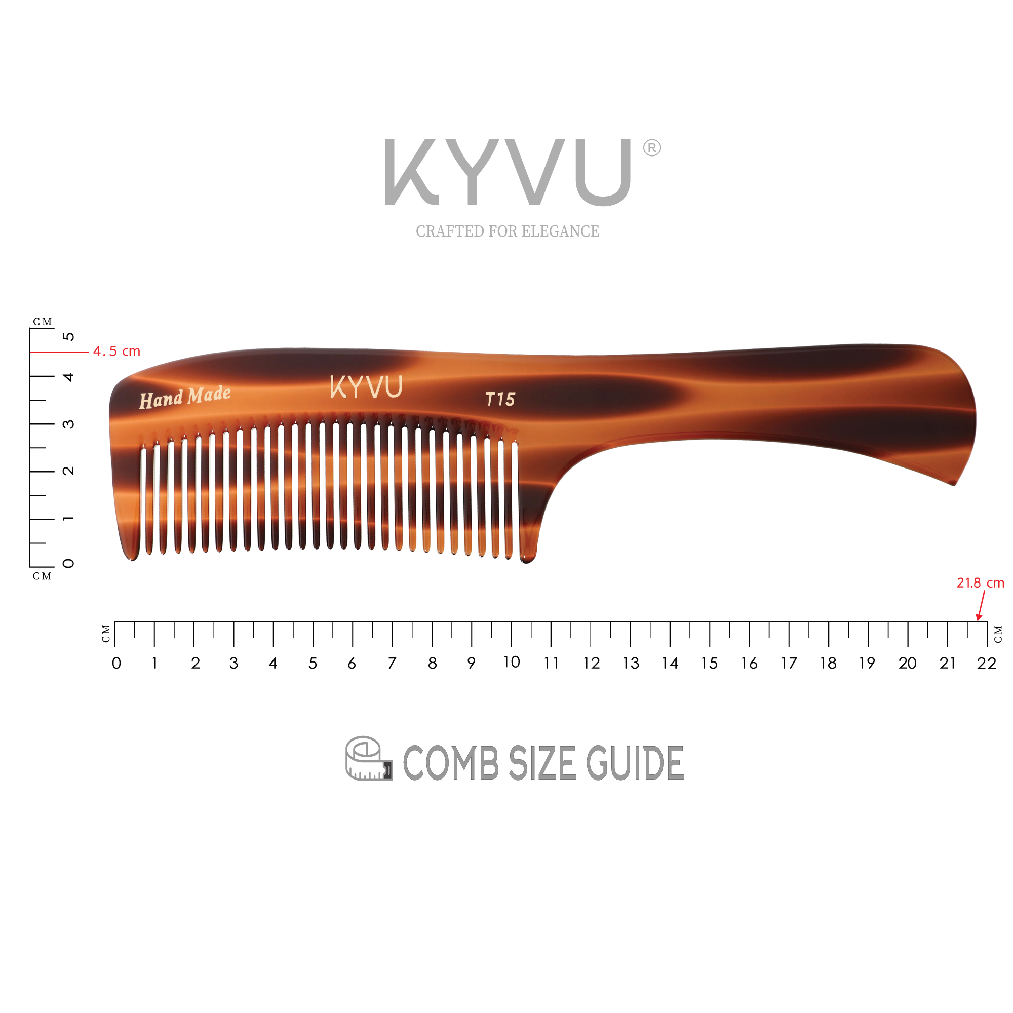 KYVU T15 handled detangling comb size guide showing 21.8 cm length and 4.5 cm width measurements