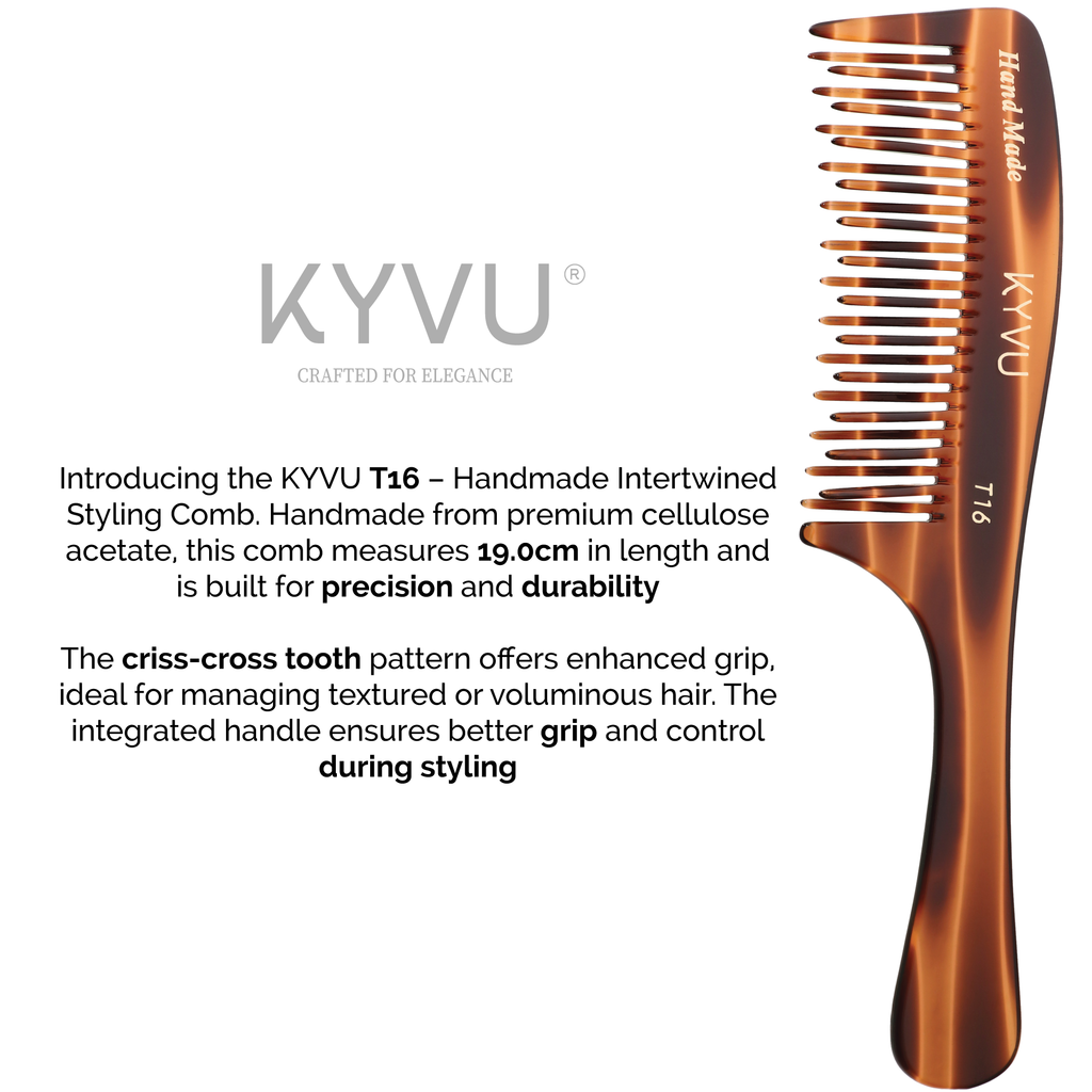 KYVU T16 handmade intertwined detangling comb — cellulose acetate tortoiseshell, alternating teeth for gentle tangle-free styling of thick curly and textured hair