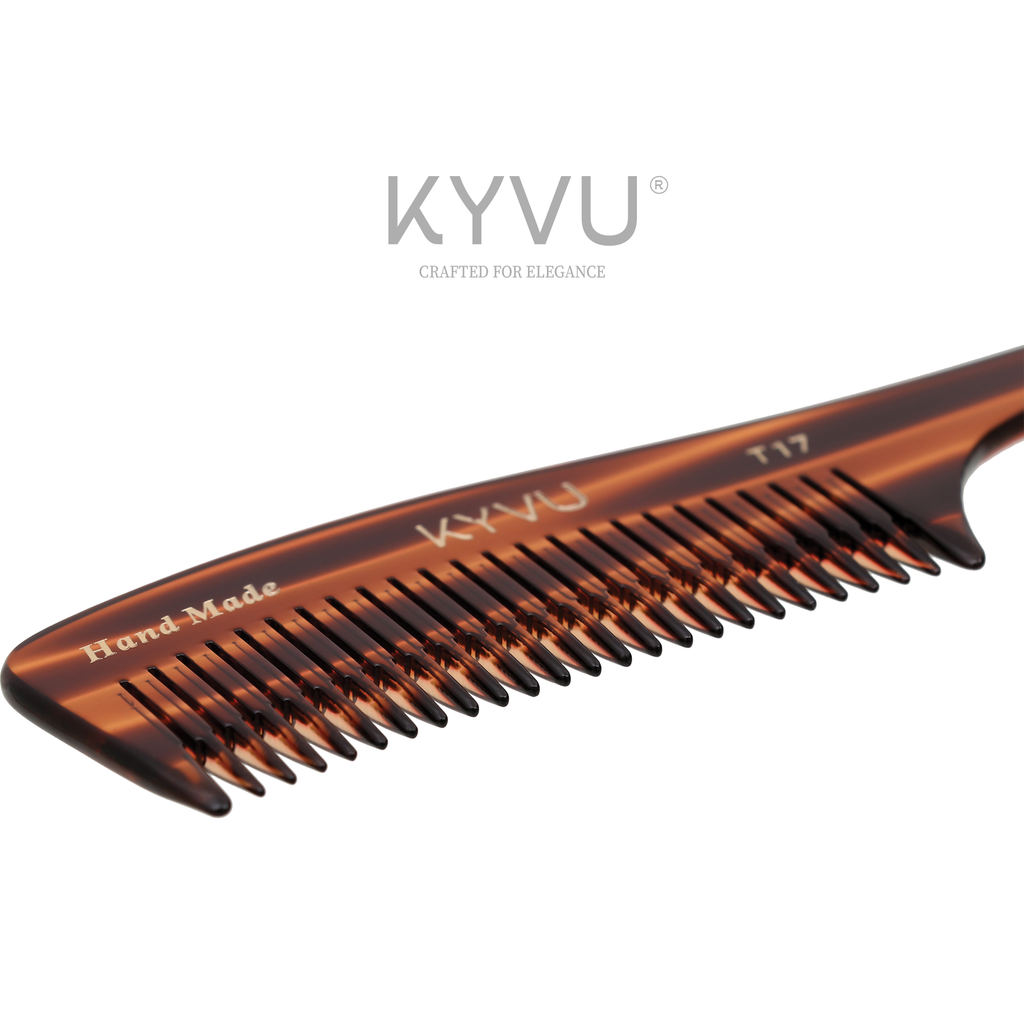KYVU T17 step-tapered teeth closeup — rigid square base transitioning to tapered rounded tip, wide spacing for thick coarse curly and textured hair