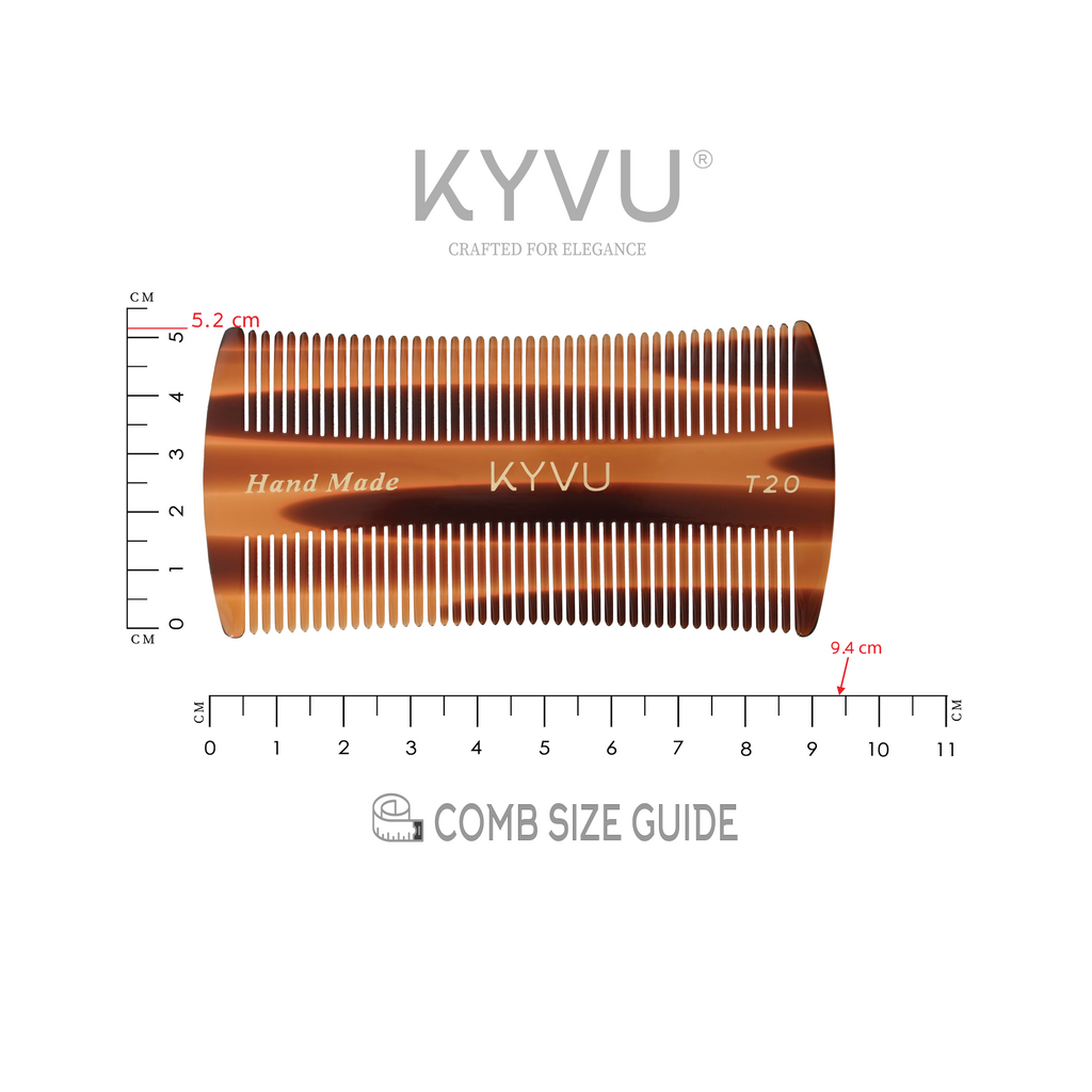 KYVU T20 micro-tooth comb size guide — 9.4 cm length, 5.2 cm width, 0.325 cm thickness